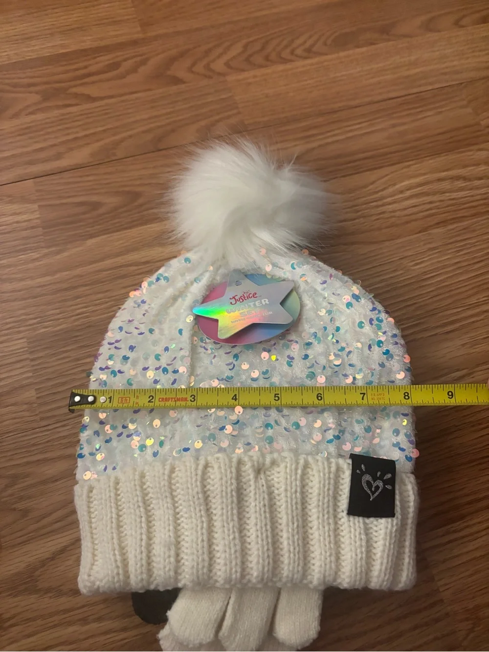 Justice White Sequin Pom-Pom Knit Hat with Matching Gloves